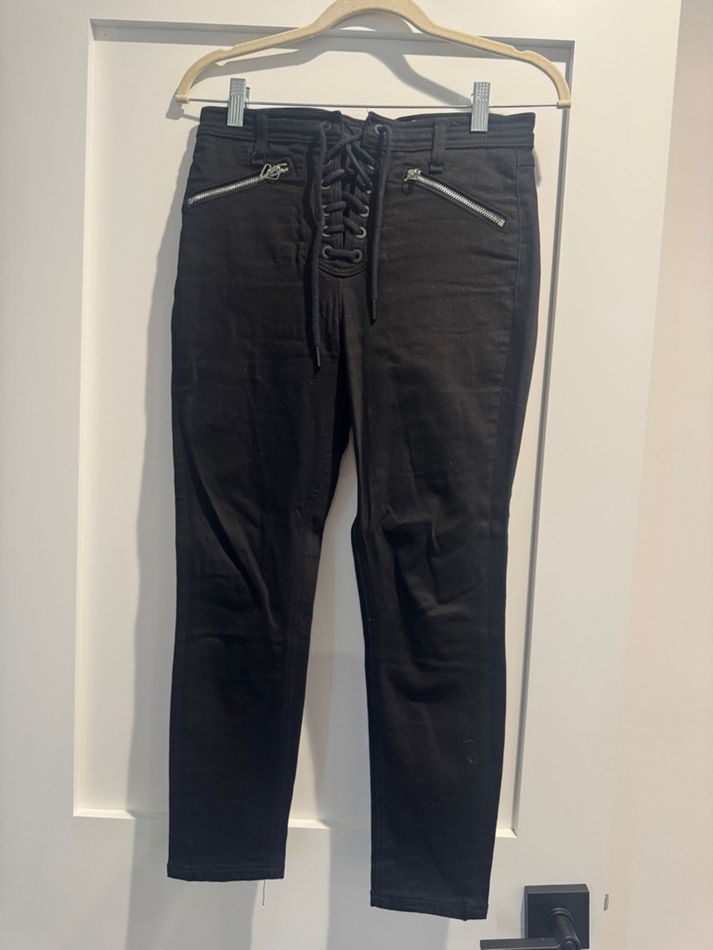 rag & bone Black Lace-Up Skinny Jeans with Silver Zip Detail
